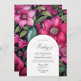 Invitación Fuchsia, verde esmeralda y Boda floral negro