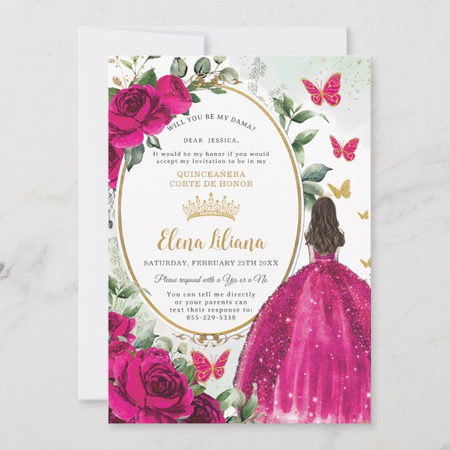 Invitación Fuchsia Vestido Floral Rosa Quinceañera Dama Solic (Anverso)