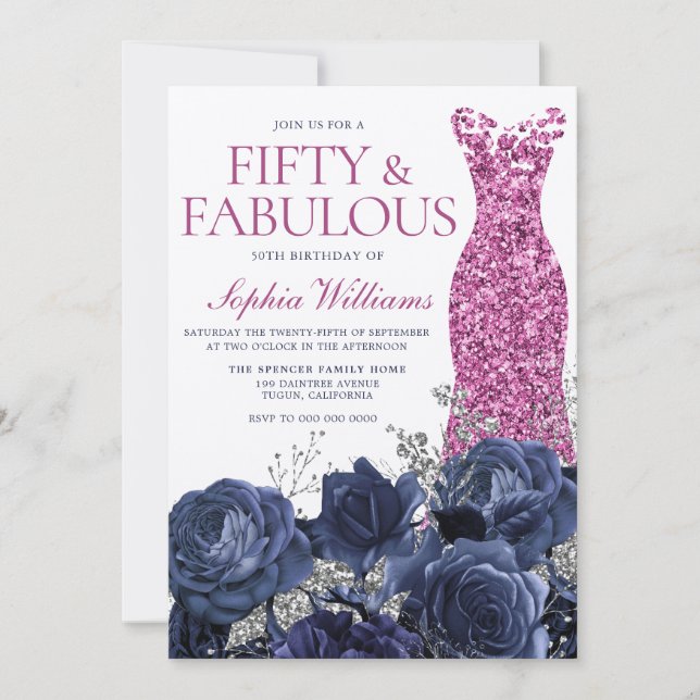 Invitación Fuchsia Vestido Rosa Navy Textos 50 cumpleaños (Anverso)