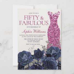 Invitación Fuchsia Vestido Rosa Navy Textos 50 cumpleaños