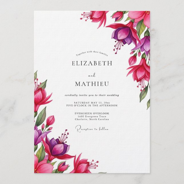 Invitación Fuchsia Watercolor Bloom Wedding (Anverso)