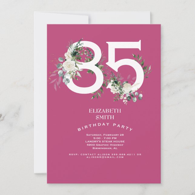 Invitación Fuchsia White Floral Elegante Fiesta de Cumpleaños (Anverso)