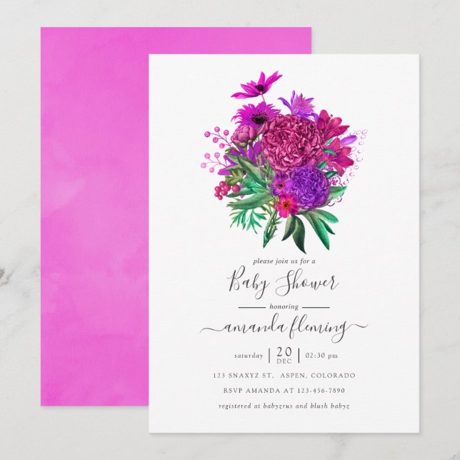 Invitación Fuchsia y el morado Shabby Floral Baby Shower (Anverso / Reverso)