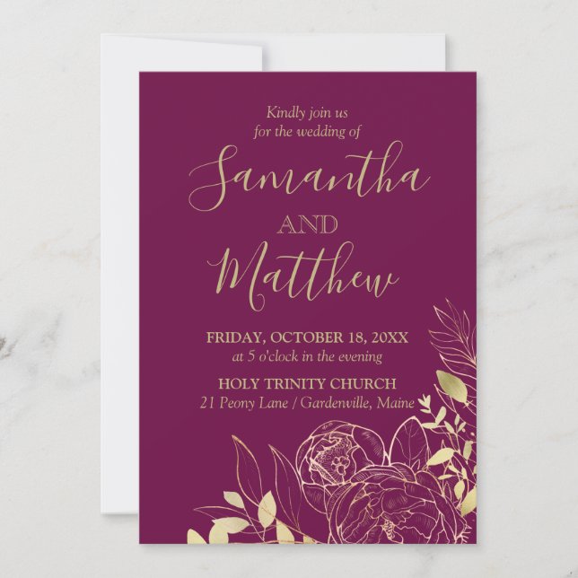 Invitación Fuchsia y Gold Peony Boda floral moderno (Anverso)