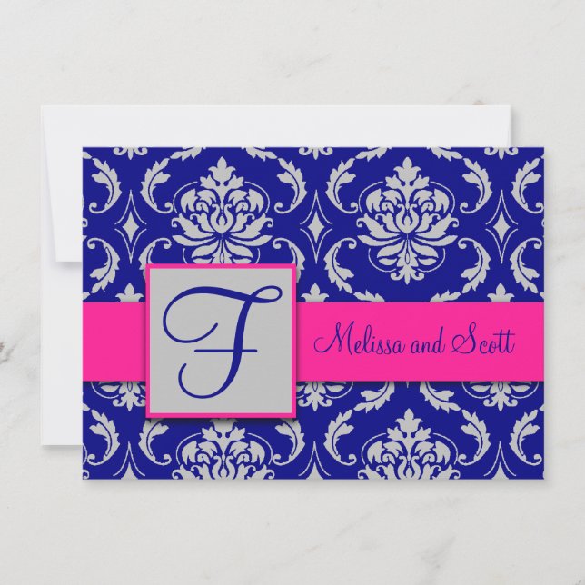 Invitación Fucsia Azul Marino Plateado Damask Save the Date 1 (Anverso)