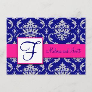 Invitación Fucsia Azul Marino Plateado Damask Save the Date 4