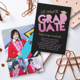 Invitación Fucsia Brillo Graduada Corte Graduación Fiesta