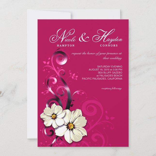 Invitación Fucsia floral adornado del monograma el | del (Anverso)