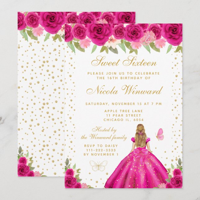 Invitación Fucsia Floral Rubia Cabello Princesa Dulces Diecis (Anverso / Reverso)