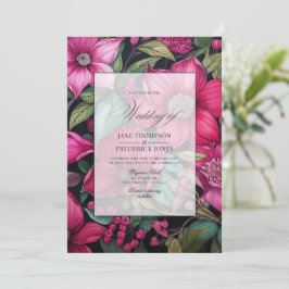 Invitación Fucsia Glamuroso, Verde Esmeralda y Floral Negro