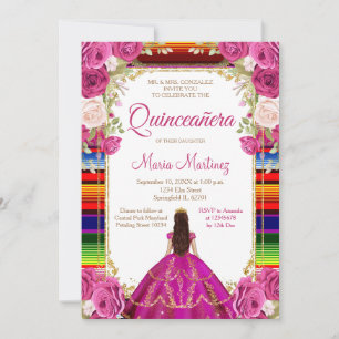 Invitación Fucsia Princesa Floral Mexicana Quiñceanera
