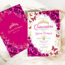 Fucsia Rosa Dorado Quinceañera Floral