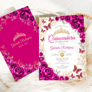 Invitación Fucsia Rosa Dorado Quinceañera Floral