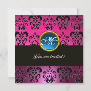 Invitación FUCSIA ROSA NEGRO DAMASCO MONOGRAMA, zafiro azul