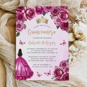 Invitación Fucsia Rosa Oro Floral Acuarela Quinceañera