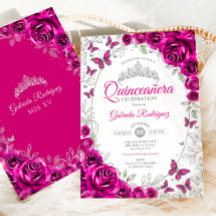 Fucsia Rosa Plateado Floral Quinceañera