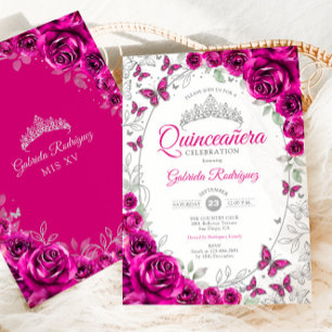 Invitación Fucsia Rosa Plateado Floral Quinceañera