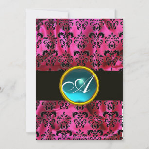 Invitación FUCsia SEDA NEGRA DAMASCO MONOGRAMA AZUL GEM