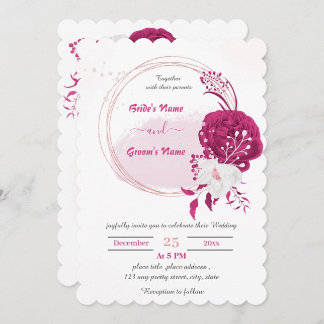 Invitación fucsia y boda de guirnaldas florales blancas (Anverso / Reverso)