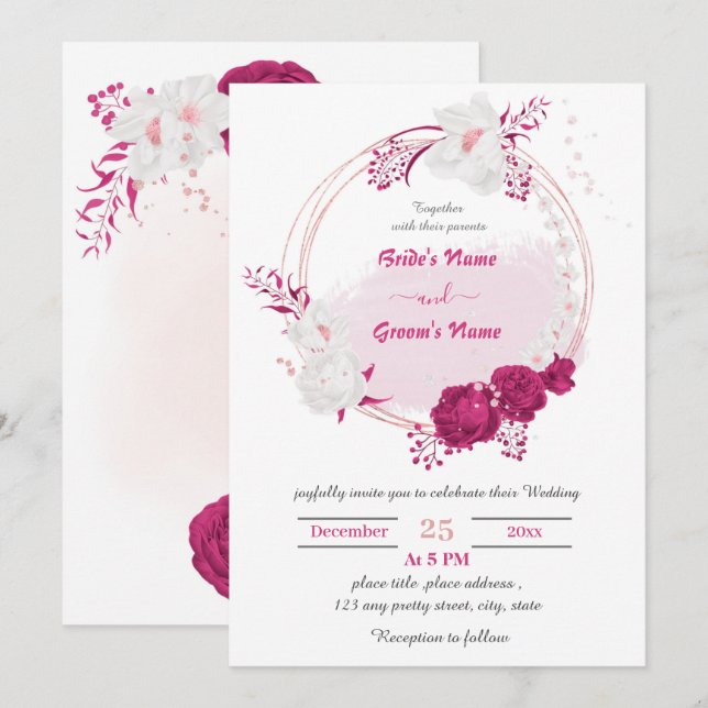 Invitación fucsia y boda de guirnaldas florales blancas (Anverso / Reverso)