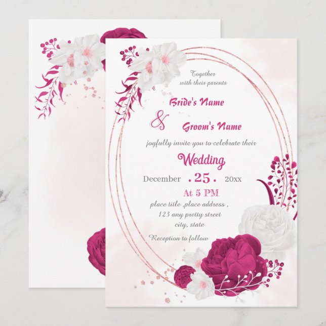 Invitación fucsia y boda de guirnaldas florales blancas (Anverso / Reverso)