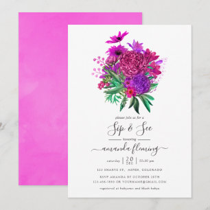 Invitación Fucsia y Morado Floral Desgastado para Brindis y V