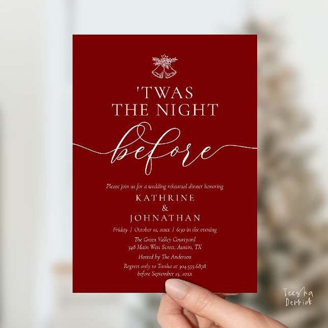 Invitación Fue La Noche Antes De La Cena De Ensayos Clásicos ('Twas The Night Before Modern Romantic Wedding Rehearsal Dinner Invites Card PDF Burgundy Wine Red)