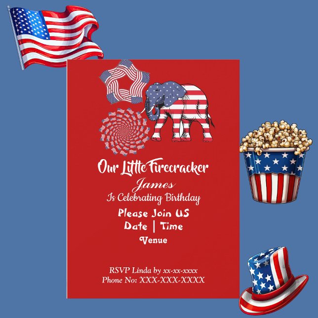 Invitación Fuego de cumpleaños de la bandera norteamericana d (Patriotic Elephant American Flag Birthday Firework Invitation)