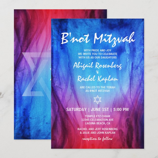 Invitación Fuego Hielo Rojo Azul |  Estrella de David B'not M (Anverso / Reverso)