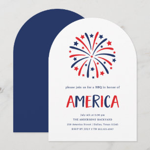 Invitación Fuegos artificiales   Blanco Rojo y Azul 4 de juli