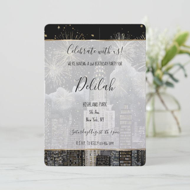 Invitación Fuegos Artificiales Ciudad Cumpleaños Glam Plata D (Anverso de pie)