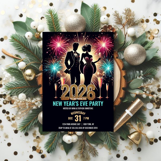 Invitación Fuegos artificiales de Año Nuevo 2026 (Glamorous New Year's Eve Party Invitation front view.)