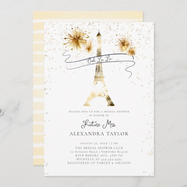 Invitación Fuegos artificiales de oro moderno Eiffel Paris Br (Anverso / Reverso)