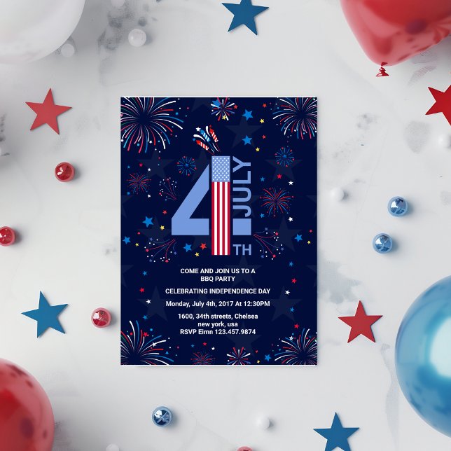 Invitación Fuegos artificiales del 4 de julio, Día de la Inde (Independence Day 4th of July party fireworks BBQ )