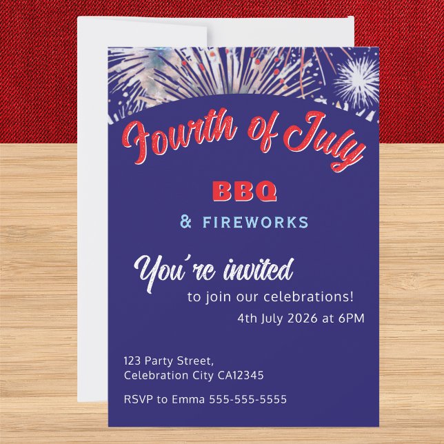 Invitación Fuegos Artificiales del 4 de Julio Parrillada Rojo (A red, white and blue invitation to a Fourth of July celebration with barbecue and fireworks)