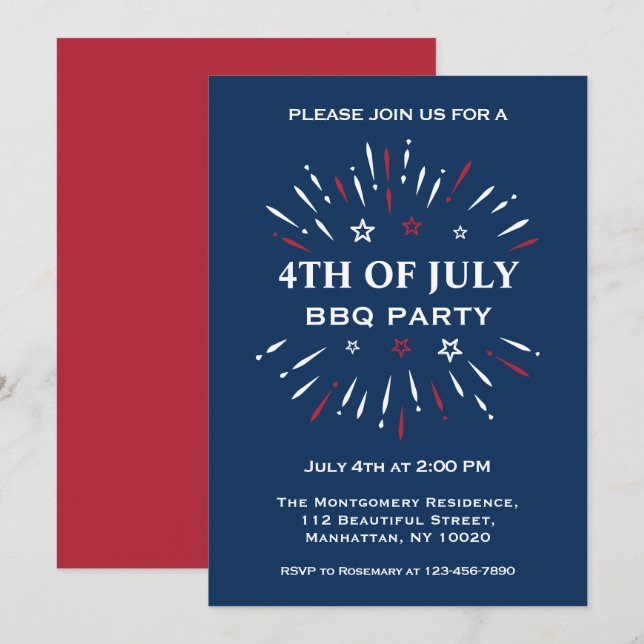 Invitación Fuegos artificiales Del Fiesta BBQ Fun Red White B (Anverso / Reverso)