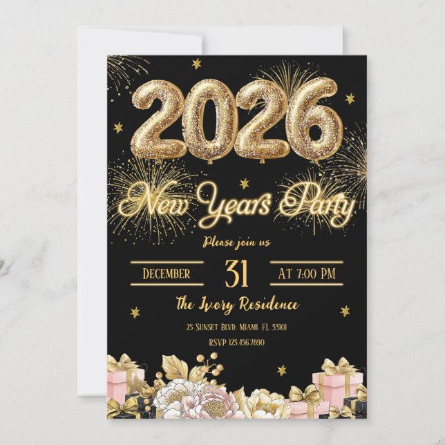 Invitación Fuegos artificiales elegantes Año Nuevo (Anverso)