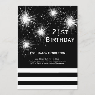 Invitación Fuegos artificiales en blanco y negro 21º cumpleañ