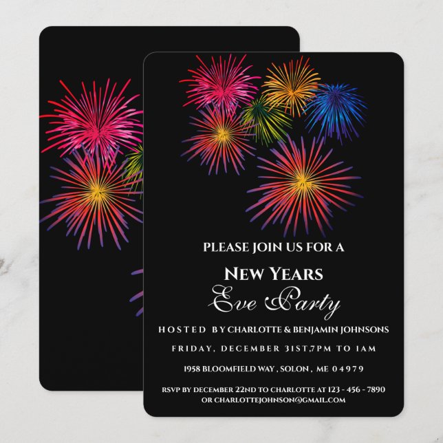Invitación Fuegos Artificiales Festivos Modernos Fiesta de No (Anverso / Reverso)
