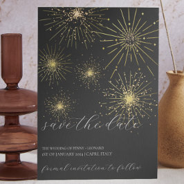 Invitación Fuegos artificiales minimalistas en negro y oro sa