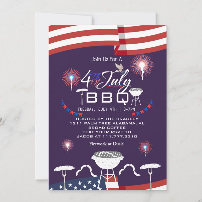 Invitación Fuegos artificiales patrióticos rojos y azules 4 d (Anverso)