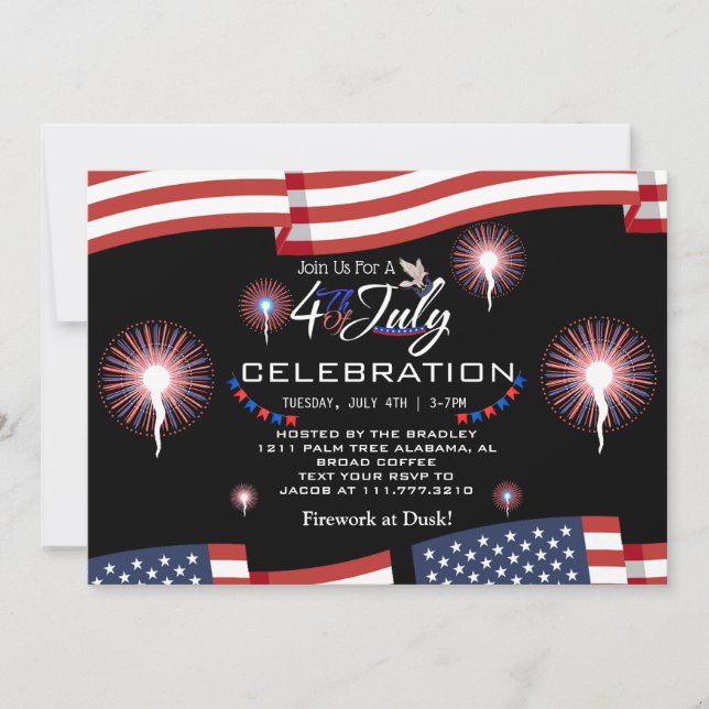 Invitación Fuegos artificiales patrióticos rojos y azules 4 d (Anverso)