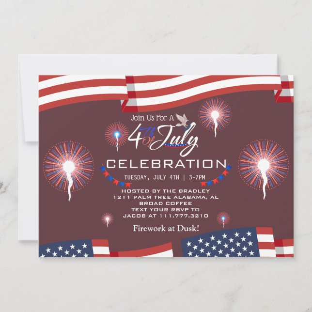 Invitación Fuegos artificiales patrióticos rojos y azules 4 d (Anverso)