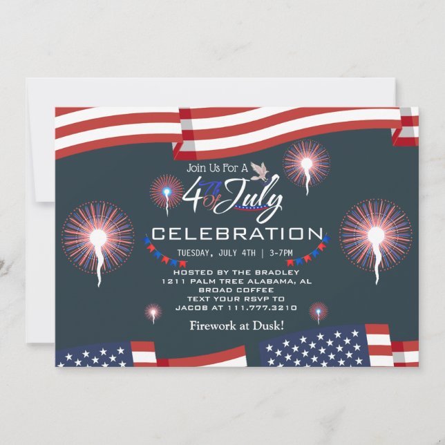 Invitación Fuegos artificiales patrióticos rojos y azules 4 d (Anverso)