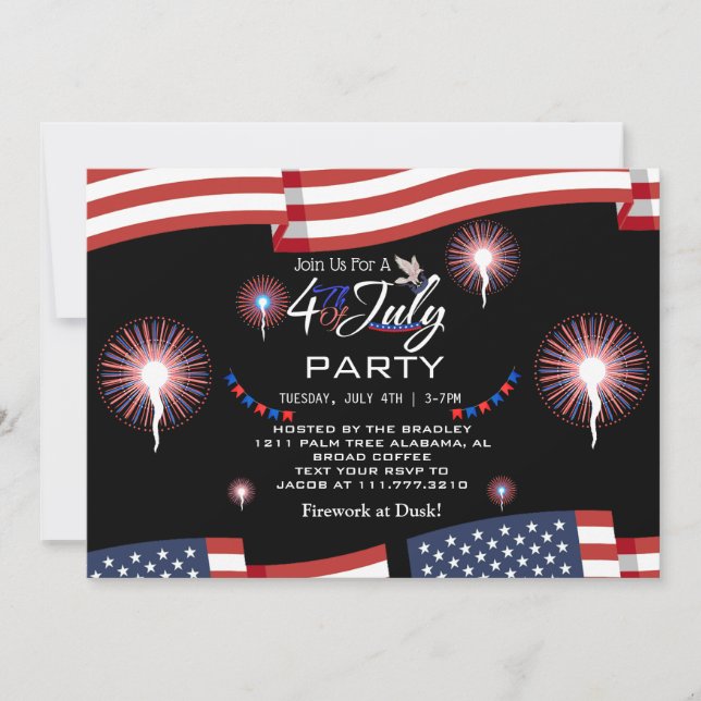 Invitación Fuegos artificiales patrióticos rojos y azules 4 d (Anverso)