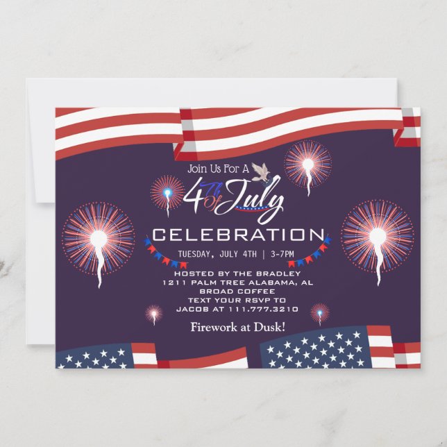 Invitación Fuegos artificiales patrióticos rojos y azules 4 d (Anverso)