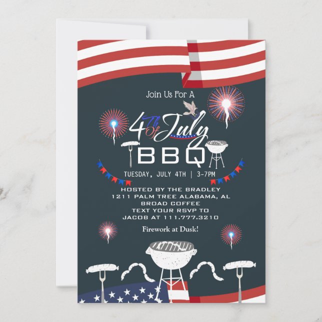 Invitación Fuegos artificiales patrióticos rojos y azules 4 d (Anverso)