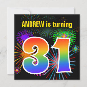 Invitación Fuegos artificiales + Patrón Arcoiris "31" Cumplea