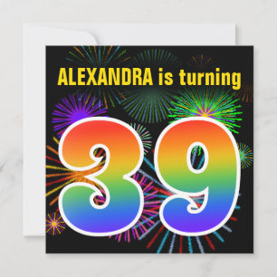 Invitación Fuegos artificiales + Patrón Arcoiris "39" Cumplea