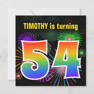Invitación Fuegos artificiales + Patrón Arcoiris "54" Cumplea